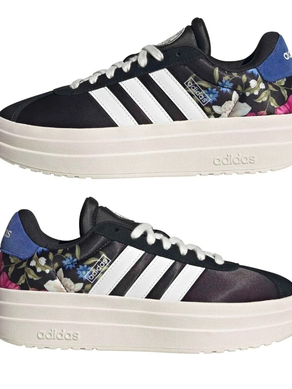 Adidas VL Court Bold Black Floral Platform Lace-Up Sneaker with White Stripes